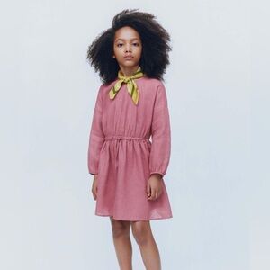 Zara pink linen tie waist long sleeve cutout back dress size 8